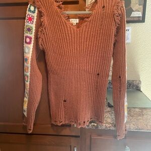 POL Brown Distressed Sweater with Colorful Crochet Sleeves